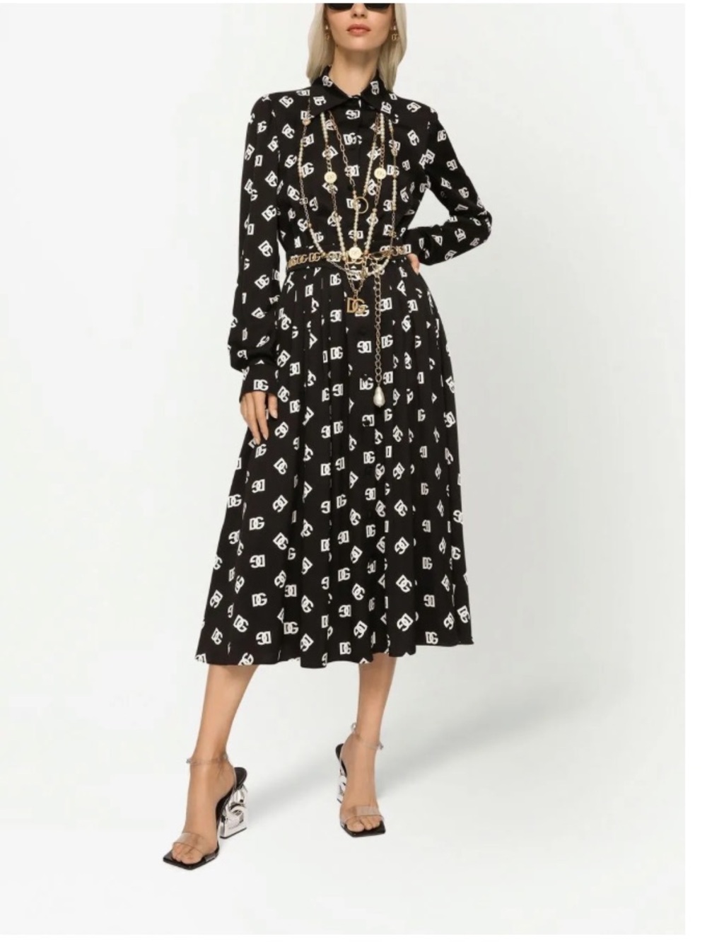 Dolce & Gabbana Black and White Logo-Print Midi Shirt Dress